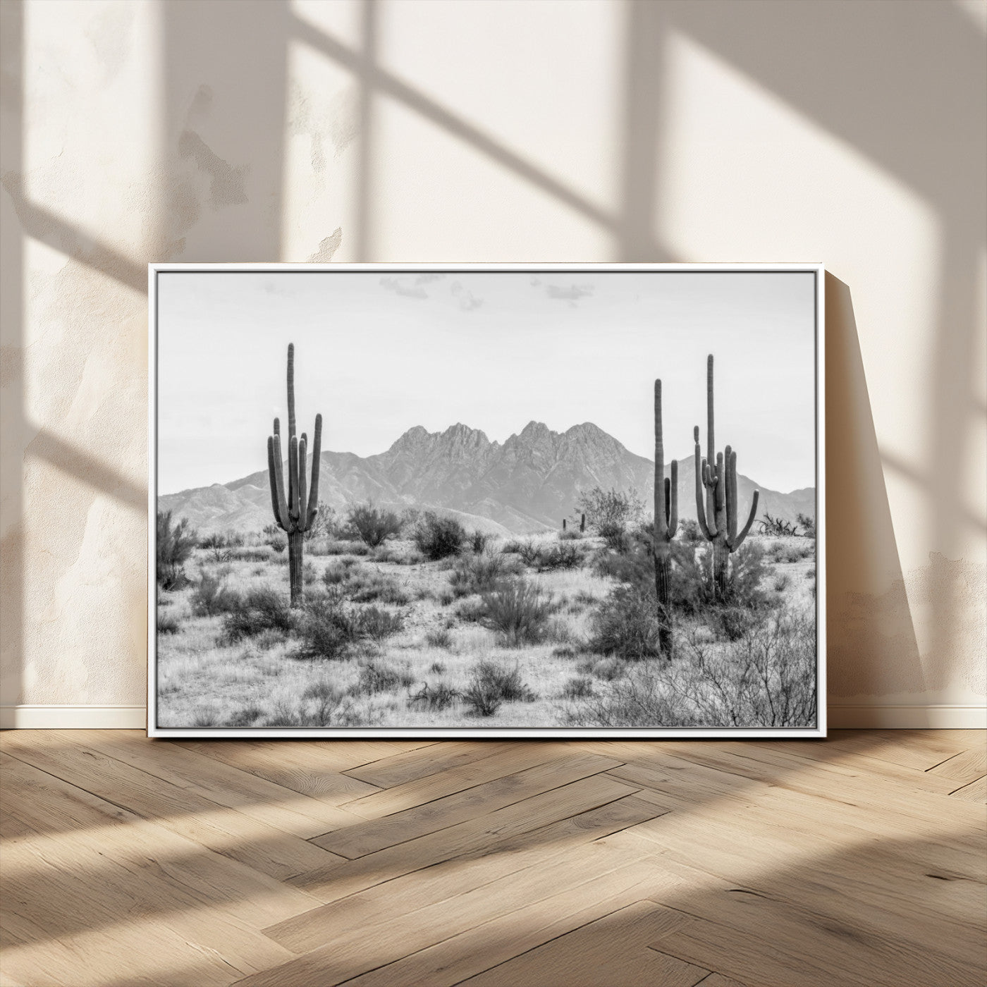 97436PHN-MGV-FC-36X24_White-Desert Landscape Wall Art – Black and White Cactus and Mountain Canvas Print, Southwestern Nature Photography for Living Room,