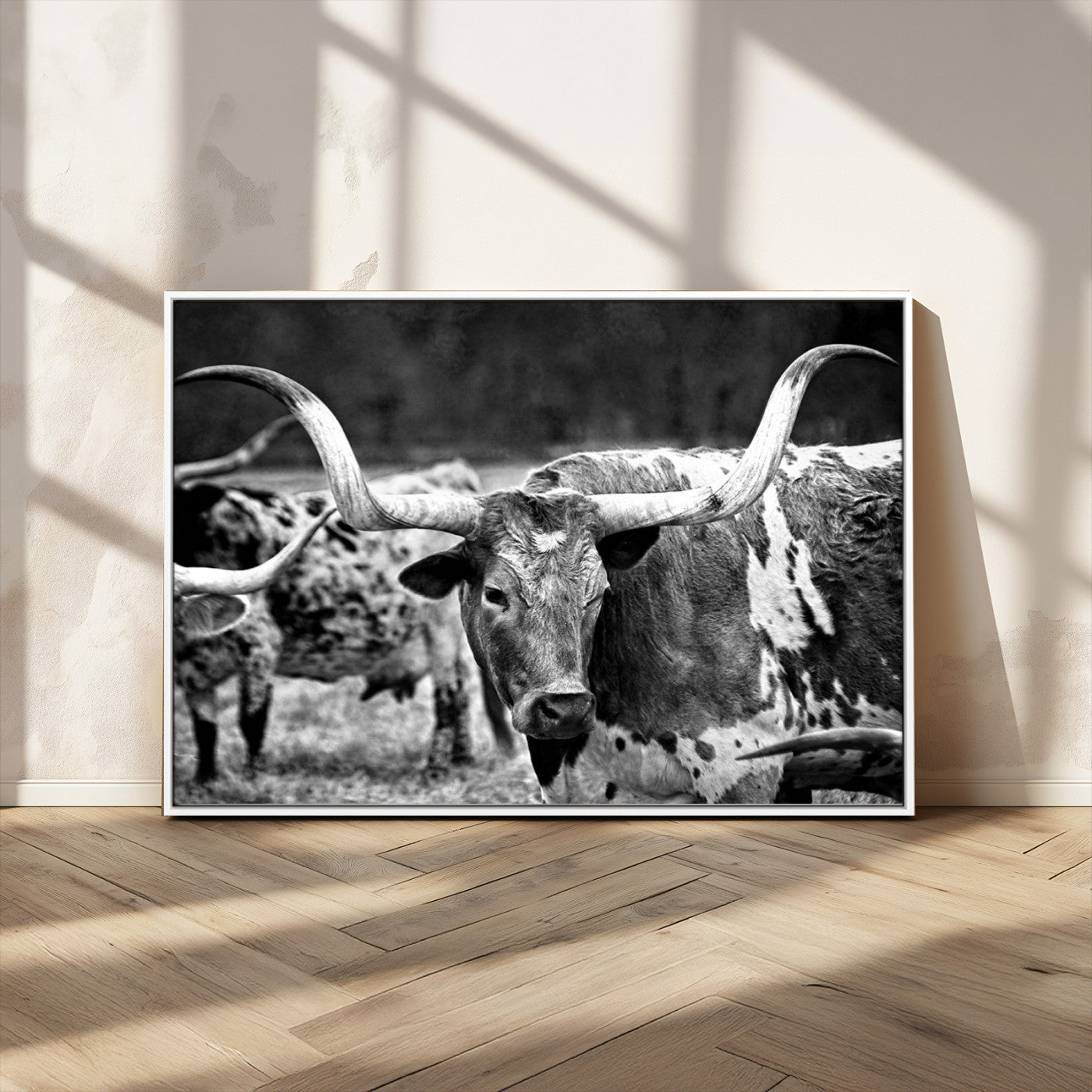 15425553-MGV-CV-36X24-Western Wall Art – Longhorn Cattle Black and White Canvas Print, Rustic Ranch Photography Decor for Bedroom, Living Room, Office,