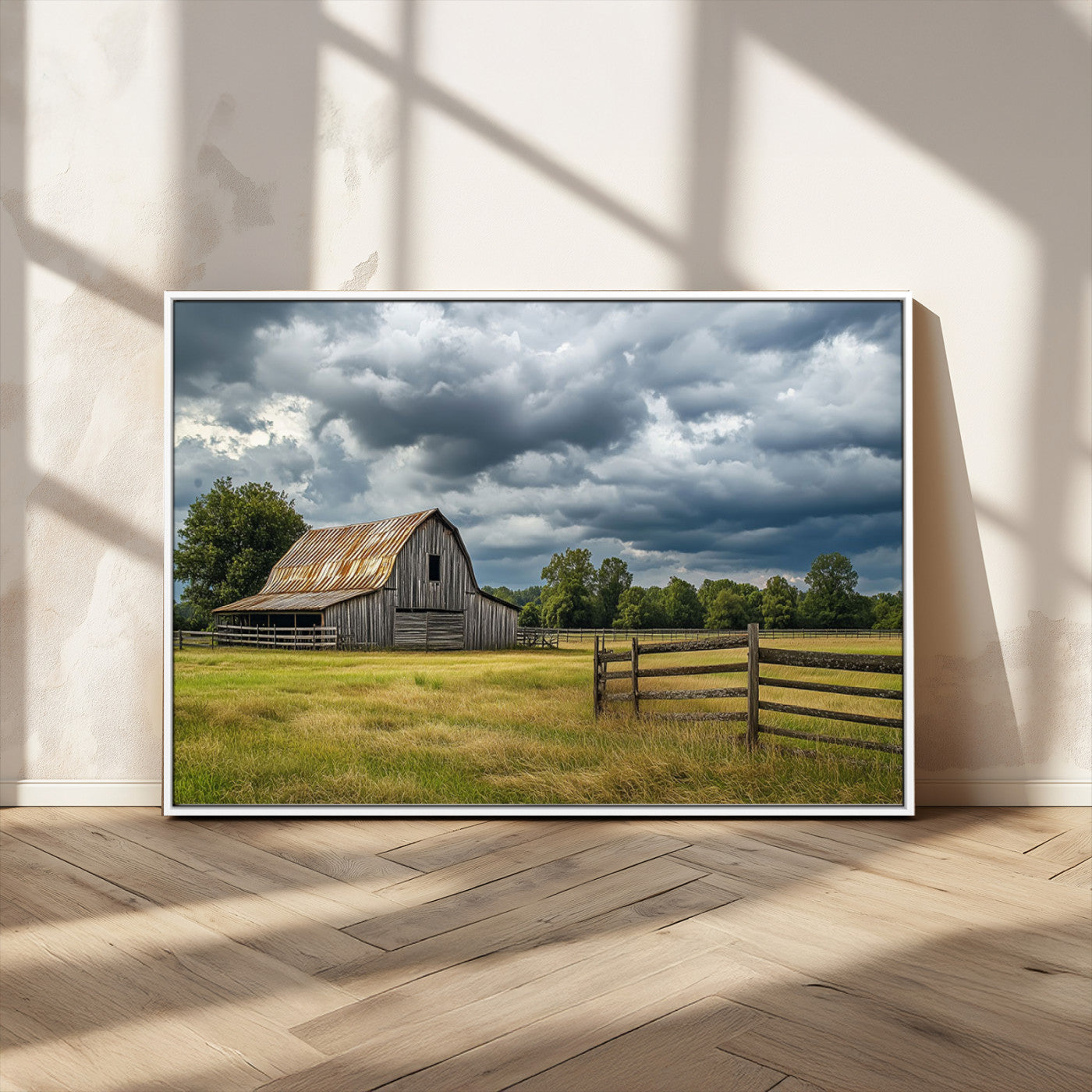39409517-MGV-FC-36X24_White-Rustic Barn Wall Art – Weathered Farmhouse and Storm Clouds Canvas Print, Country Landscape Photography Decor for Bedroom, Living