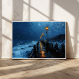 48300530-MGV-FC-36X24_White-Dark Stormy Pier Canvas Wall Art – Moody Ocean Night Scene with Street Lamps, Blue Coastal Seascape Print for Bedroom, Office, or