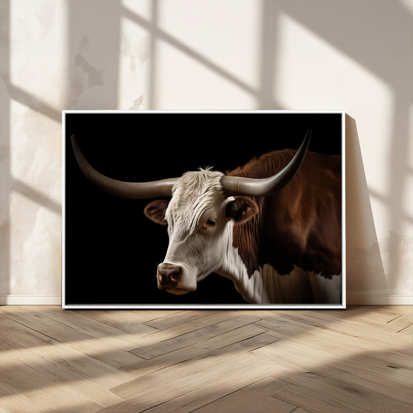 27414857-MGV-FC-36X24_White-Texas Longhorn Bull Canvas Wall Art – Rustic Western Farmhouse Decor, Brown & White Cow Portrait, Animal Print for Ranch Home