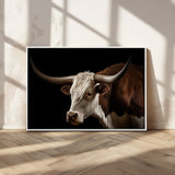 27414857-MGV-FC-36X24_White-Texas Longhorn Bull Canvas Wall Art – Rustic Western Farmhouse Decor, Brown & White Cow Portrait, Animal Print for Ranch Home