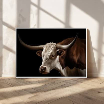 27414857-MGV-FC-36X24_White-Texas Longhorn Bull Canvas Wall Art – Rustic Western Farmhouse Decor, Brown & White Cow Portrait, Animal Print for Ranch Home