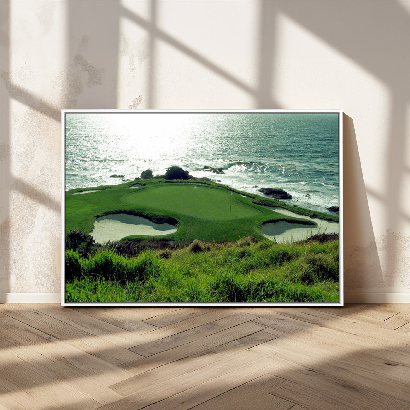 48473947-MGV-CV-36X24-Ocean Golf Course Wall Art – Panoramic Green Fairway Canvas Print, Coastal Golf Landscape Photography Sports Decor for Office, Man