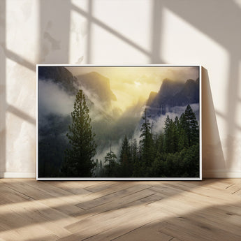 38316884-MGV-FC-36X24_White-Landscape Wall Art – Misty Mountain Valley Canvas Print, Scenic Pine Forest and Sunrise Photography Decor for Bedroom, Living