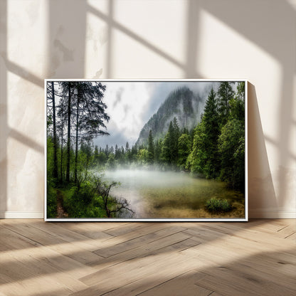 93123937-MGV-CV-36X24-Landscape Wall Art – Misty Mountain Lake Canvas Print, Tranquil Forest and Waterfall Photography Decor for Bedroom, Living Room,