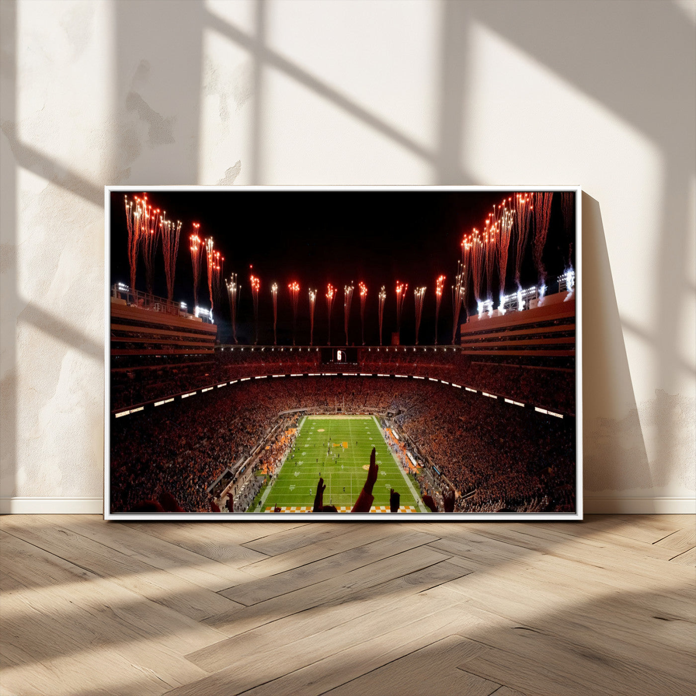 73358115-MGV-FC-36X24_White-Tennessee Volunteers Wall Art – Neyland Stadium Fireworks Night Game Canvas Print, Vols Football Checkerboard Endzone Sports Decor