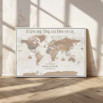 56148717-MGV-CV-36X24-Personalized World Map Wall Art – Neutral Beige & Brown Vintage Adventure Travel Map with Custom Couple Names, Classic Wall Decor