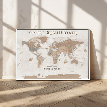 56148717-MGV-CV-36X24-Personalized World Map Wall Art – Neutral Beige & Brown Vintage Adventure Travel Map with Custom Couple Names, Classic Wall Decor