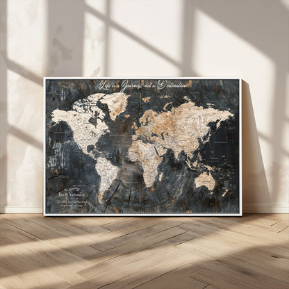 55548943-MGV-CV-36X24-Personalized World Map Wall Art – Rustic Wood Texture Adventure Travel Map with Custom Couple Names, Vintage Dark Wall Decor for