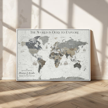 97082026-MGV-CV-36X24-Personalized World Map Wall Art – Vintage Gray Adventure Travel Map with Custom Couple or Family Names, Rustic Wall Decor for Home