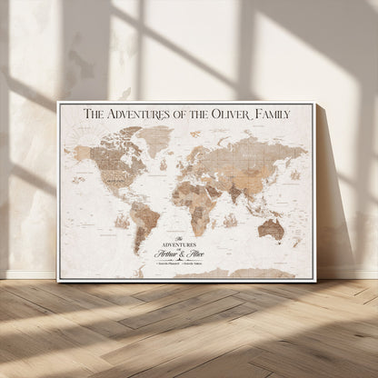 43869621-MGV-CV-36X24-Personalized World Map Wall Art – Light Beige Sepia Adventure Travel Map with Custom Family or Couple Names, Rustic Wall Decor for