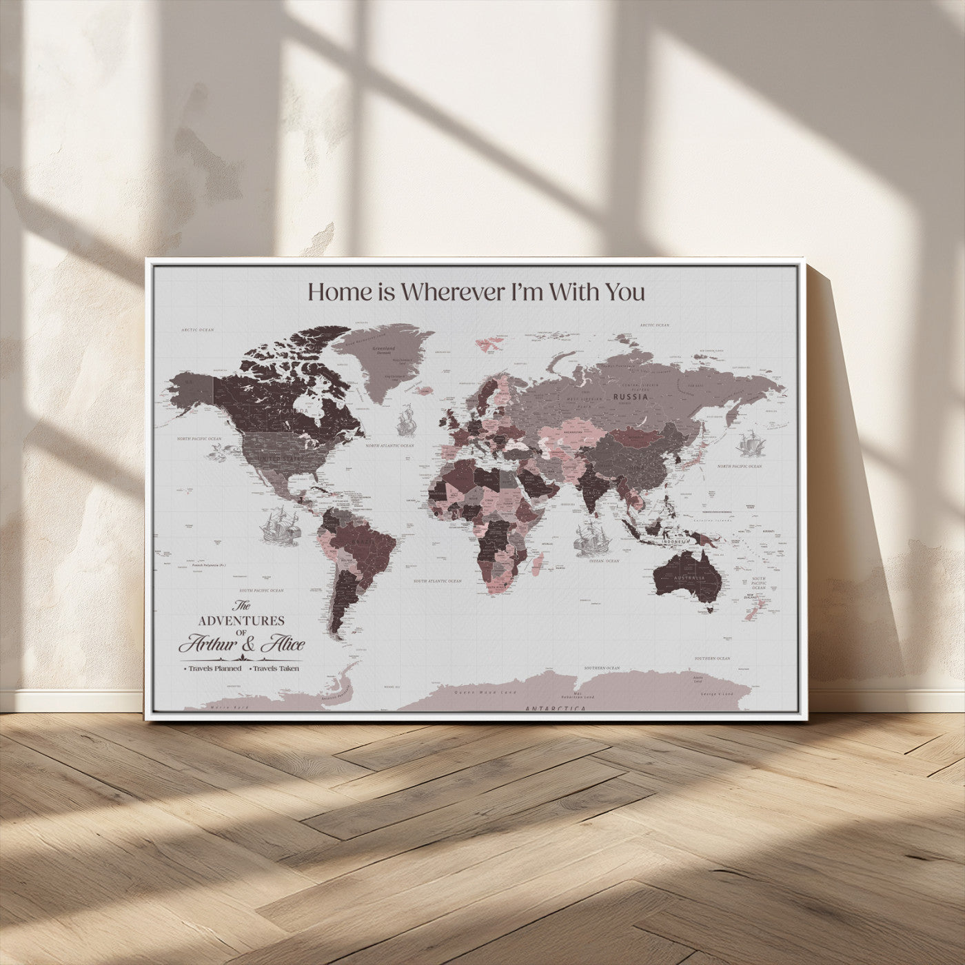 33204797-MGV-CV-36X24-Personalized World Map Wall Art – Burgundy & Grey Adventure Travel Map with Custom Names, Romantic Wall Decor for Couples, Home or
