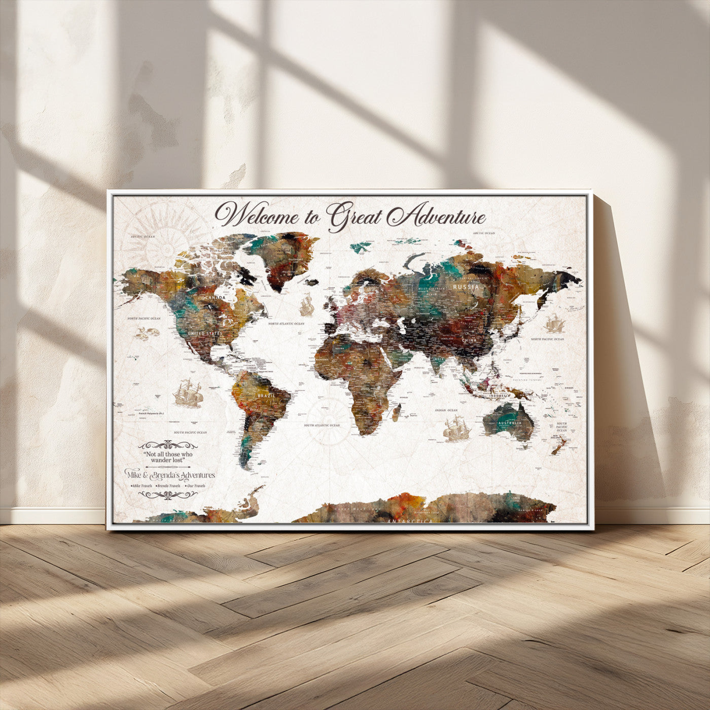 67029173-MGV-CV-36X24-Personalized World Map Wall Art – Colorful Vintage Adventure Travel Map with Custom Couple Names, Rustic Wall Decor for Home,