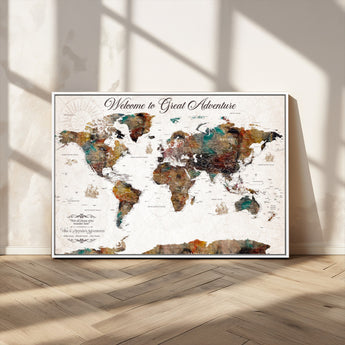 67029173-MGV-CV-36X24-Personalized World Map Wall Art – Colorful Vintage Adventure Travel Map with Custom Couple Names, Rustic Wall Decor for Home,