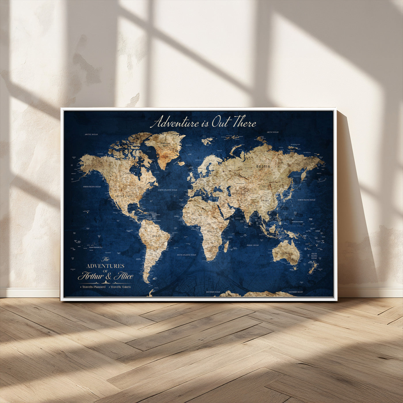 71052542-MGV-CV-36X24-Personalized World Map Wall Art – Rustic Navy Blue Adventure Travel Map with Custom Couple Names, Vintage Wall Decor for Home or