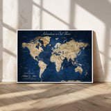 71052542-MGV-CV-36X24-Personalized World Map Wall Art – Rustic Navy Blue Adventure Travel Map with Custom Couple Names, Vintage Wall Decor for Home or
