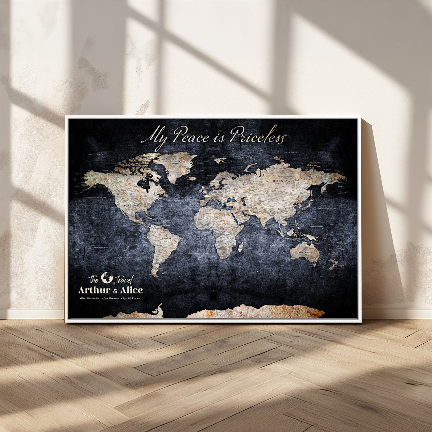 85403043-MGV-CV-36X24-Personalized World Map Wall Art – Dark Blue Rustic Adventure Map with Custom Couple Names, Vintage Wall Decor for Home or Travel