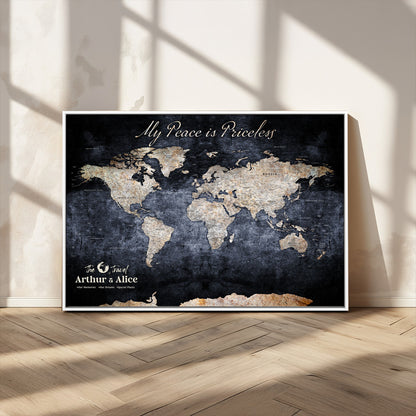 85403043-MGV-CV-36X24-Personalized World Map Wall Art – Dark Blue Rustic Adventure Map with Custom Couple Names, Vintage Wall Decor for Home or Travel