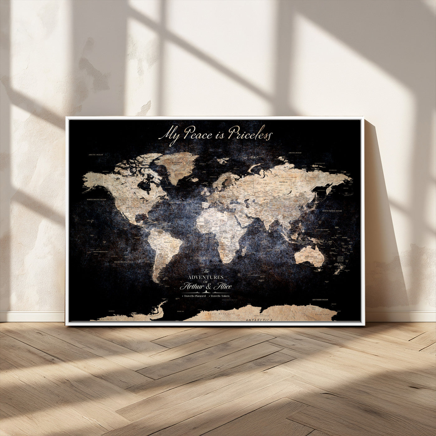 51488142-MGV-FC-36X24_White-Personalized World Map Wall Art – Dark Rustic Adventure Travel Map with Custom Names, Vintage Wall Decor for Couples, Families or