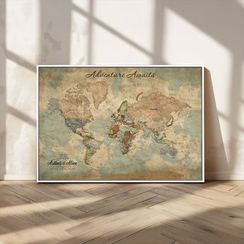 62500285-MGV-CV-36X24-Personalized World Map Wall Art – Rustic Watercolor Adventure Awaits Travel Map with Custom Couple Names, Vintage Wall Decor for