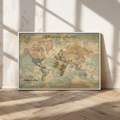 62500285-MGV-CV-36X24-Personalized World Map Wall Art – Rustic Watercolor Adventure Awaits Travel Map with Custom Couple Names, Vintage Wall Decor for