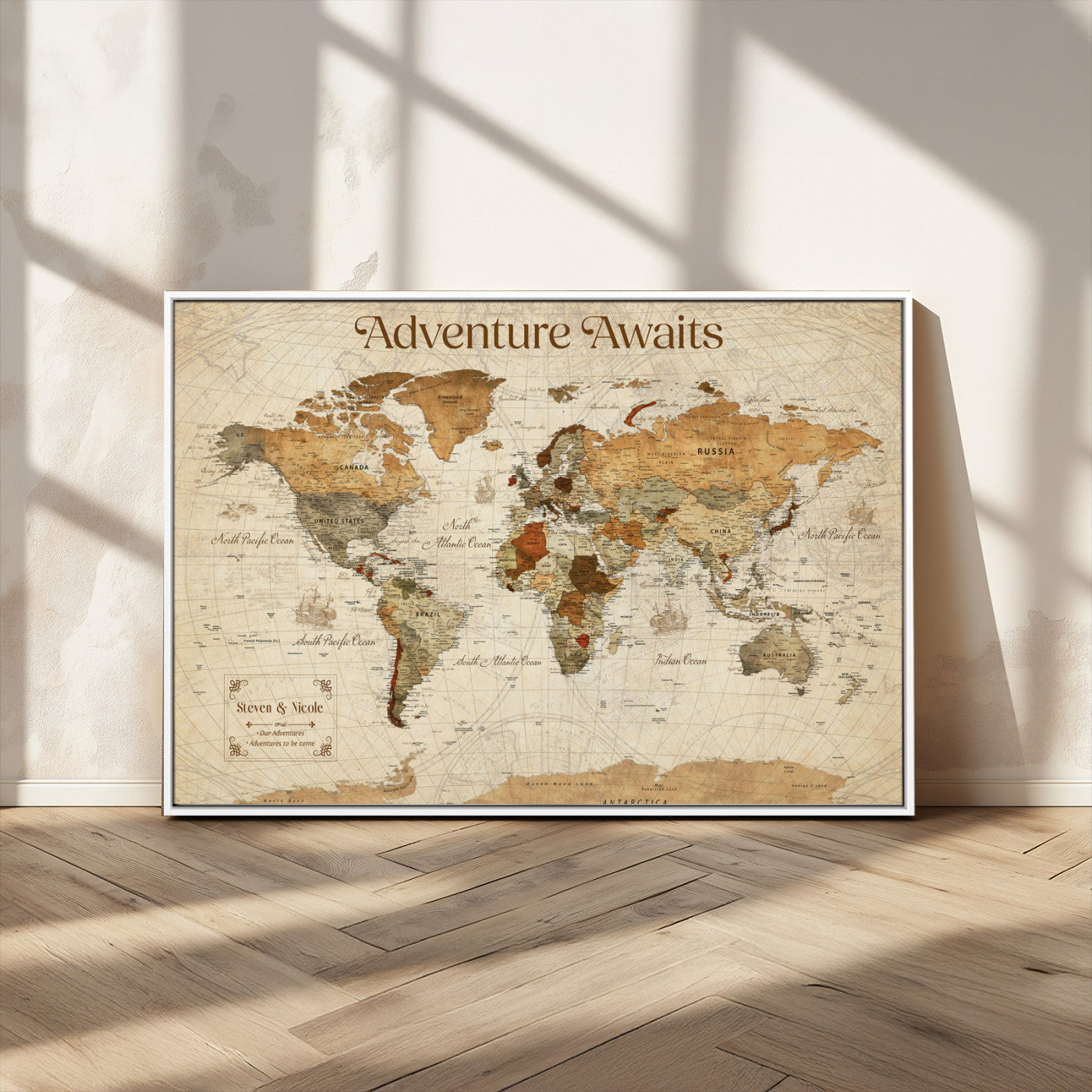 18685073-MGV-CV-36X24-Personalized World Map Wall Art – Antique Vintage Parchment Adventure Awaits Travel Map with Custom Couple Names, Rustic Wall