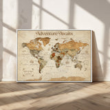 18685073-MGV-CV-36X24-Personalized World Map Wall Art – Antique Vintage Parchment Adventure Awaits Travel Map with Custom Couple Names, Rustic Wall