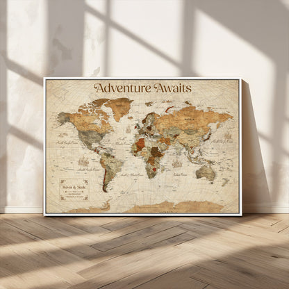 18685073-MGV-CV-36X24-Personalized World Map Wall Art – Antique Vintage Parchment Adventure Awaits Travel Map with Custom Couple Names, Rustic Wall