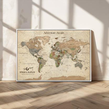 62766900-MGV-FC-36X24_White-Personalized World Map Wall Art – Antique Parchment Adventure Travel Map with Custom Couple Names, Rustic Wall Decor for Home,