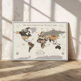 40679469-MGV-CV-36X24-Personalized World Map Wall Art – Neutral Tones Adventure Travel Map with Custom Family Names, Rustic Wall Decor for Living Room
