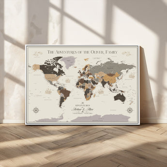 40679469-MGV-CV-36X24-Personalized World Map Wall Art – Neutral Tones Adventure Travel Map with Custom Family Names, Rustic Wall Decor for Living Room