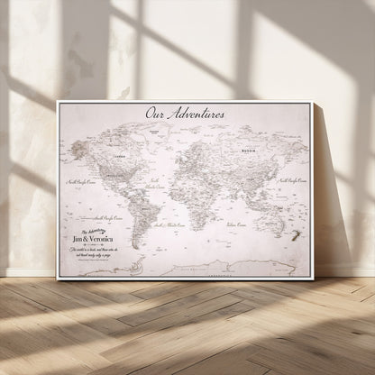 11706567-MGV-CV-36X24-Personalized World Map Wall Art – Minimalist Beige Adventure Travel Map with Custom Names, Elegant Push Pin Canvas for Couples,