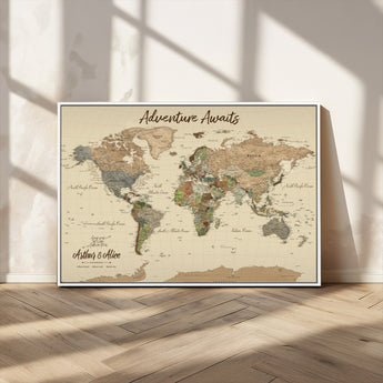 53442996-MGV-CV-36X24-Personalized World Map Wall Art – Adventure Awaits Vintage Travel Map with Custom Couple Names, Rustic Wall Decor for Home,