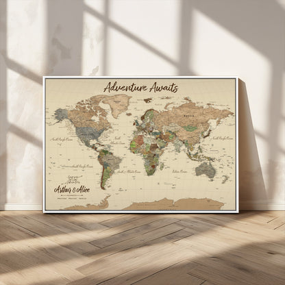 53442996-MGV-CV-36X24-Personalized World Map Wall Art – Adventure Awaits Vintage Travel Map with Custom Couple Names, Rustic Wall Decor for Home,