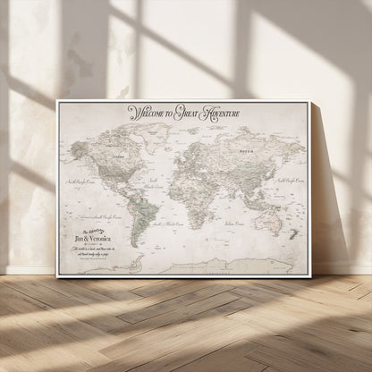 93034948-MGV-FC-36X24_White-Personalized World Map Wall Art – Vintage Beige Adventure Travel Map with Custom Names, Elegant Push Pin Canvas for Couples,