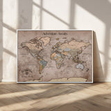93226713-MGV-CV-36X24-Personalized World Map Wall Art – Adventure Awaits Rustic Earth-Tone Travel Map with Custom Names, Vintage Wall Decor for Couples,