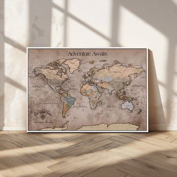 93226713-MGV-CV-36X24-Personalized World Map Wall Art – Adventure Awaits Rustic Earth-Tone Travel Map with Custom Names, Vintage Wall Decor for Couples,