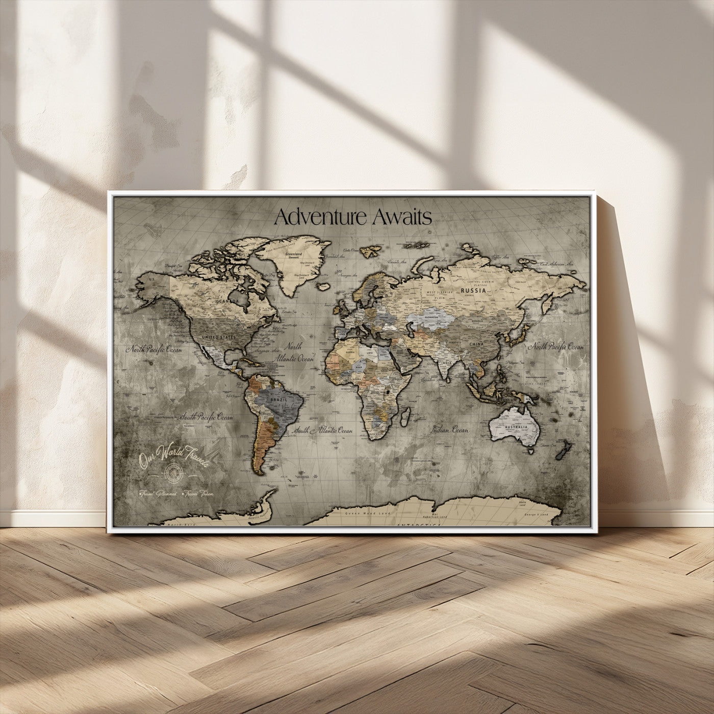 72658967-MGV-CV-36X24-Personalized World Map Wall Art – Adventure Awaits Rustic Sepia Travel Map with Custom Names, Vintage Wall Decor for Couples, Home