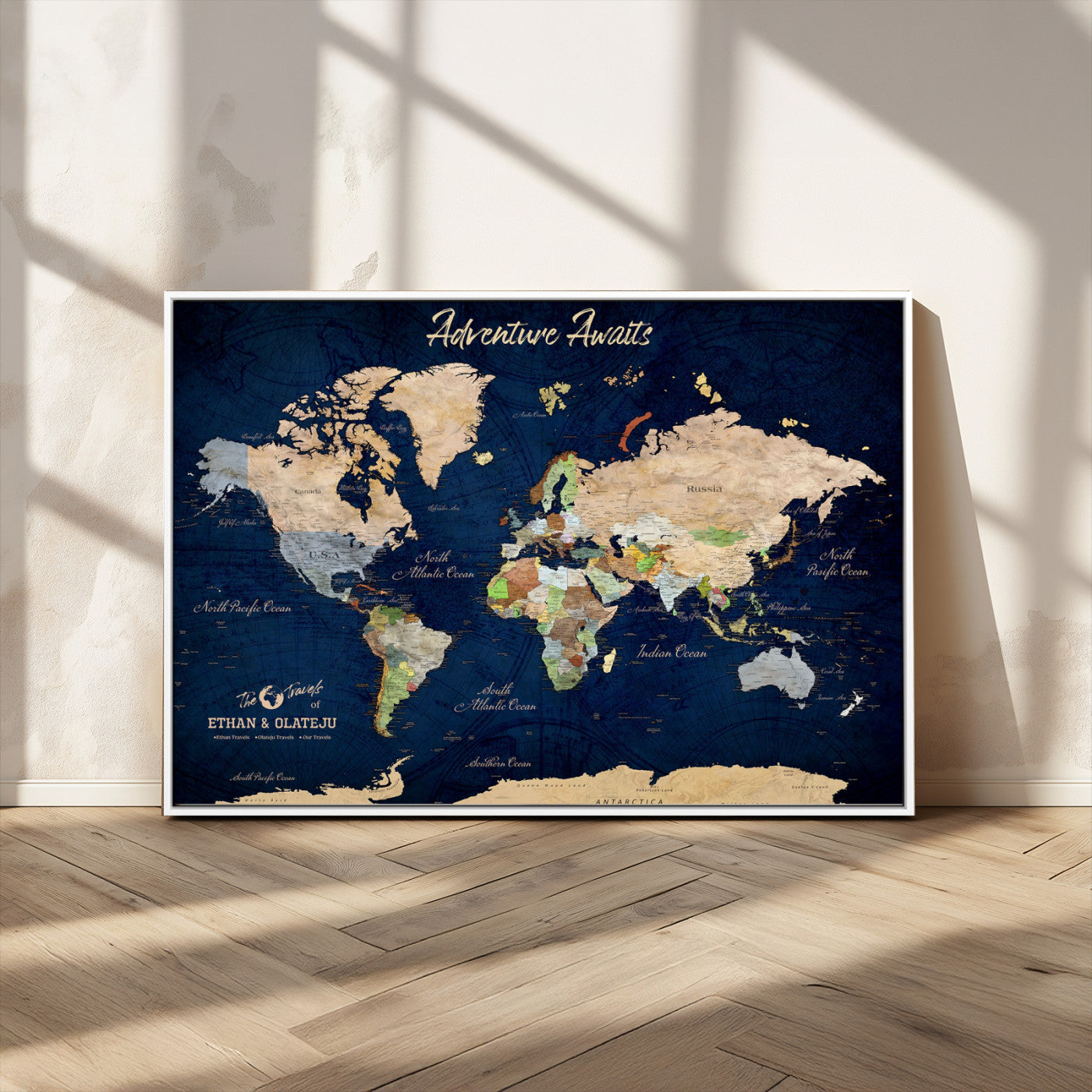 80965072-MGV-CV-36X24-Personalized World Map Wall Art – Adventure Awaits Navy Blue Travel Map with Custom Names, Rustic Vintage Wall Decor for Couples,