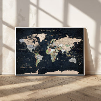 15547583-MGV-CV-36X24-Personalized World Map Wall Art – Rustic Navy Adventure Awaits Travel Map with Custom Couple Names, Vintage Wall Decor for Home or