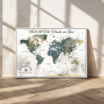 16233493-MGV-CV-36X24-Personalized World Map Wall Art – Rustic Blue Green Wanderlust Travel Map with Custom Couple Names, Vintage Wall Decor for Home