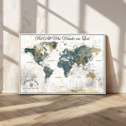 16233493-MGV-CV-36X24-Personalized World Map Wall Art – Rustic Blue Green Wanderlust Travel Map with Custom Couple Names, Vintage Wall Decor for Home