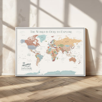 69180591-MGV-CV-36X24-Personalized World Map Wall Art – Rustic Vintage Adventure Travel Map with Custom Family Names, Unique Wall Decor for Couples,