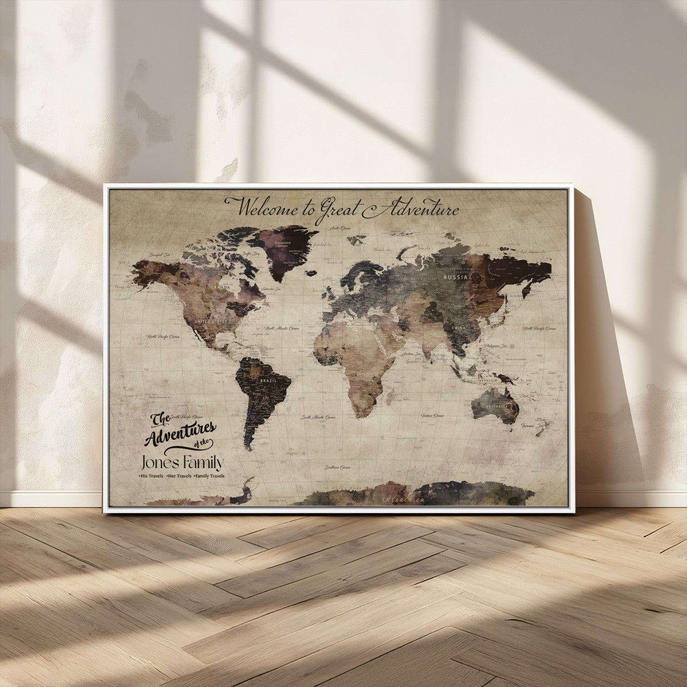 78610079-MGV-CV-36X24-Personalized World Map Wall Art – Vintage Rustic Travel Map with Custom Family Name, Adventure Wall Decor for Home, Family Gift or