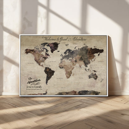 78610079-MGV-CV-36X24-Personalized World Map Wall Art – Vintage Rustic Travel Map with Custom Family Name, Adventure Wall Decor for Home, Family Gift or