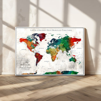 95876117-MGV-FC-36X24_White-Personalized World Map Wall Art – Colorful Watercolor Travel Map with Custom Names, Romantic Wall Decor for Couples, Wedding or