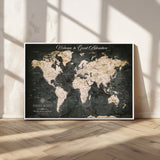 70534097-MGV-CV-36X24-Personalized World Map Wall Art – Dark Vintage Adventure Style Travel Map with Custom Names, Unique Wall Decor for Couples, Home