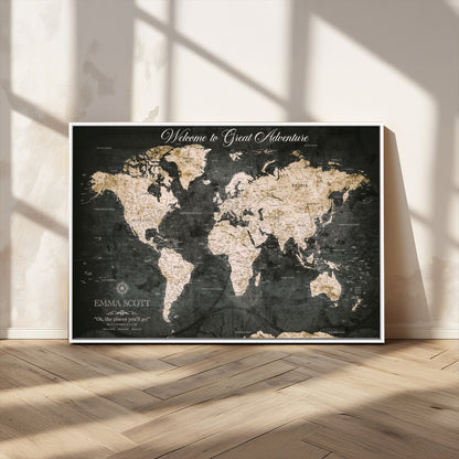 70534097-MGV-CV-36X24-Personalized World Map Wall Art – Dark Vintage Adventure Style Travel Map with Custom Names, Unique Wall Decor for Couples, Home