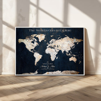 13231361-MGV-CV-36X24-Personalized World Map Wall Art – Navy Blue Vintage Adventure Travel Map with Custom Names, Elegant Push Pin Canvas for Couples